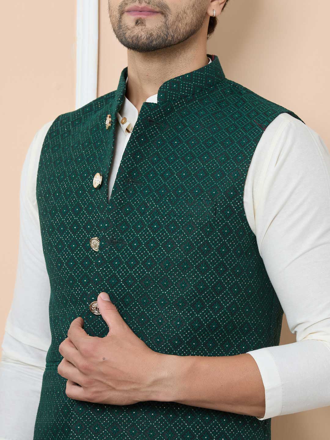 Green Woven Jacquard Nehru Jacket with Solid Kurta-Pyjama (3 Piece Set)