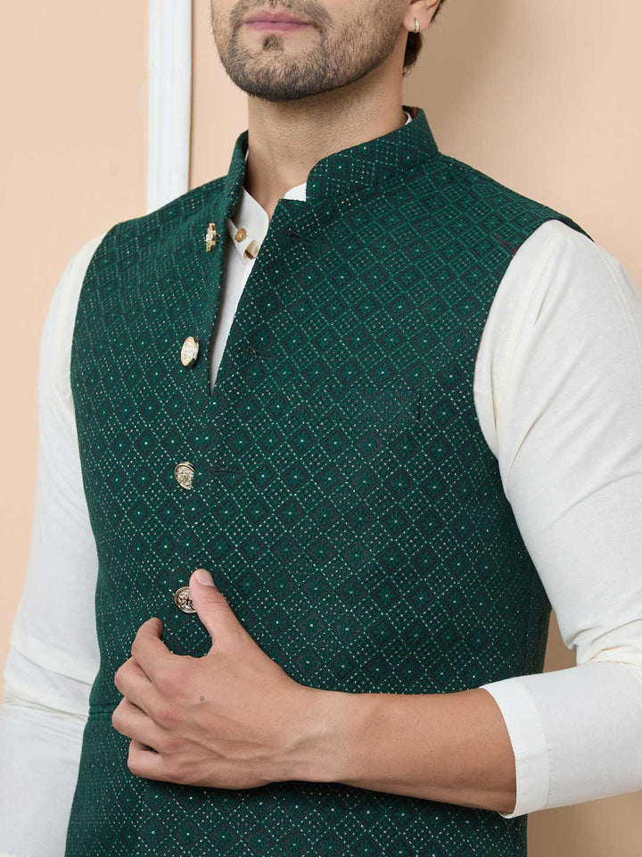 Green Woven Jacquard Nehru Jacket