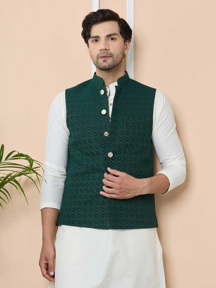 Green Woven Jacquard Nehru Jacket with Solid Kurta-Pyjama (3 Piece Set)