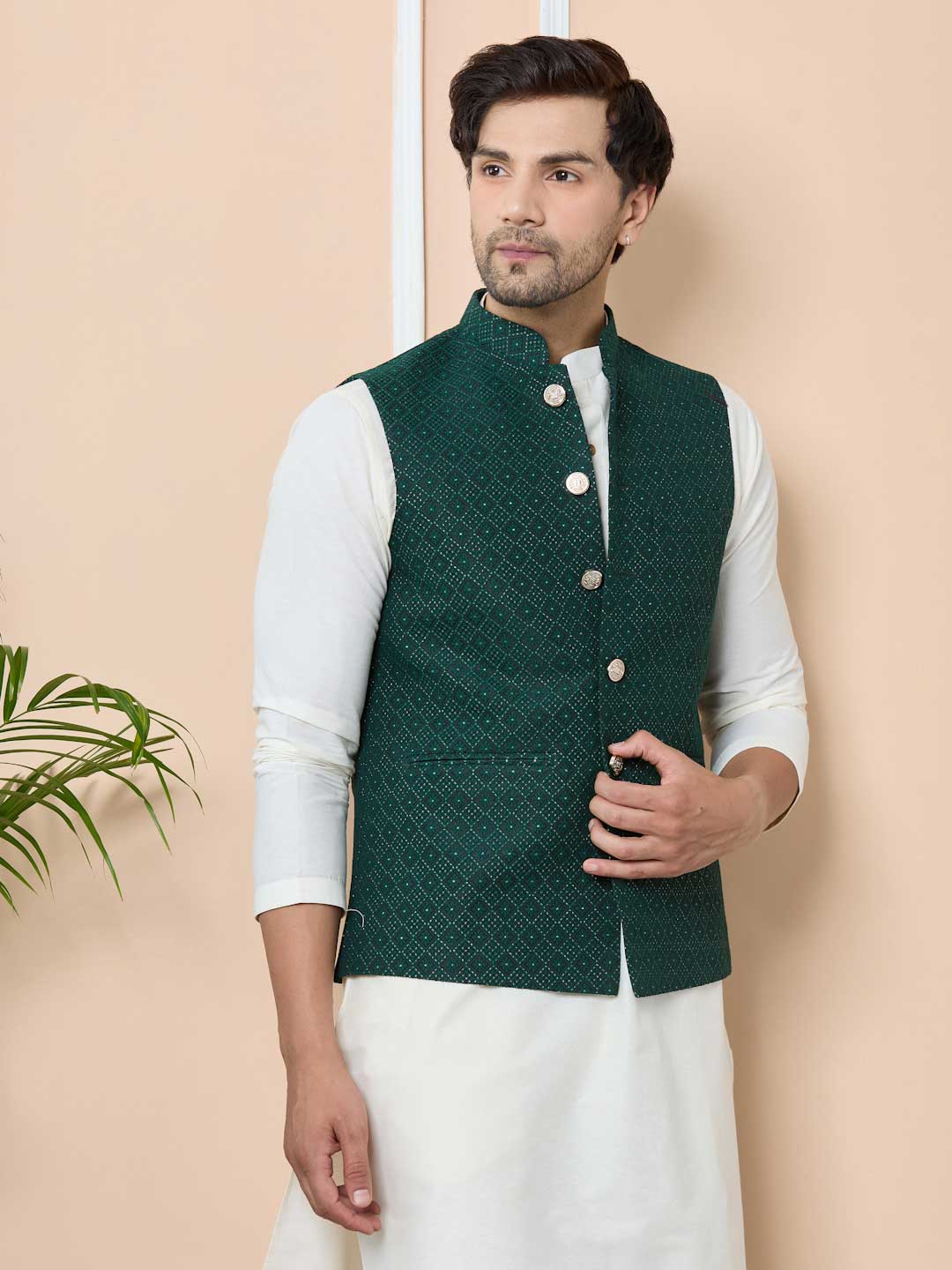 Green Woven Jacquard Nehru Jacket with Solid Kurta-Pyjama (3 Piece Set)