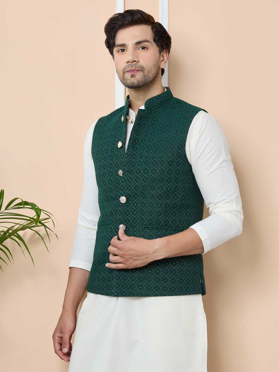 Green Woven Jacquard Nehru Jacket with Solid Kurta-Pyjama (3 Piece Set)