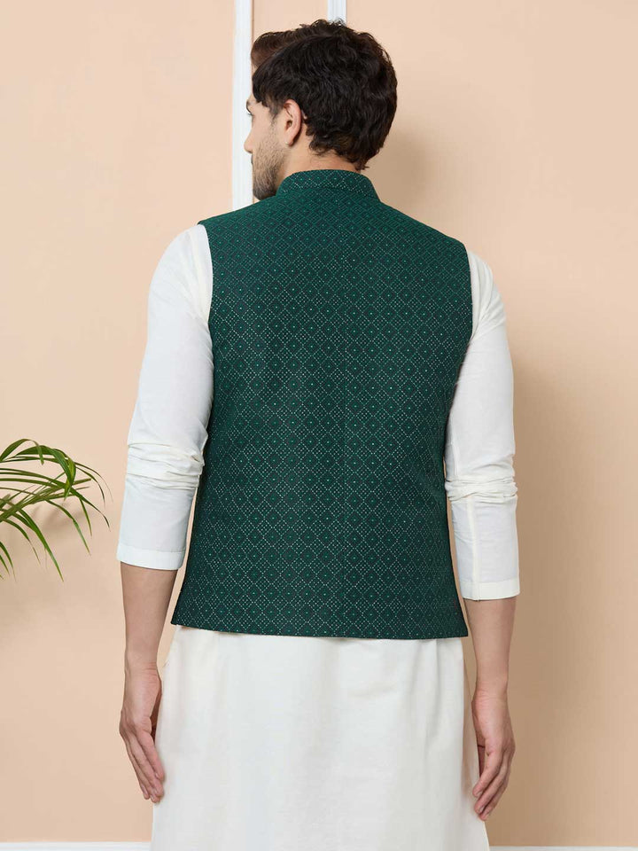 Green Woven Jacquard Nehru Jacket with Solid Kurta-Pyjama (3 Piece Set)