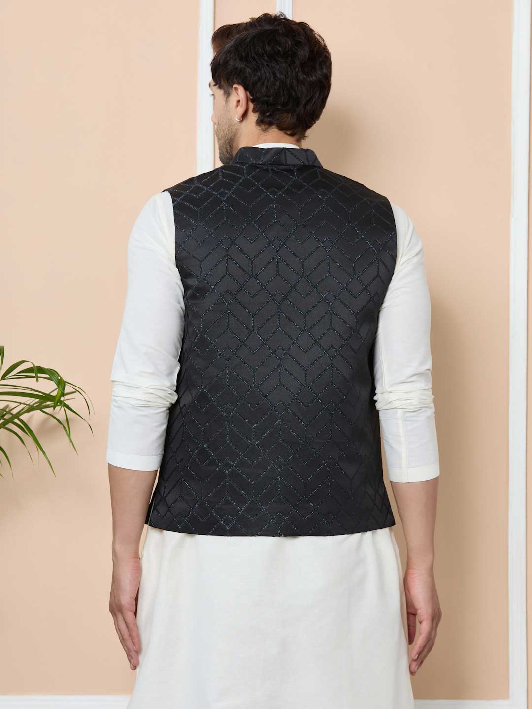 Charcoal Black Woven Jacquard Nehru Jacket