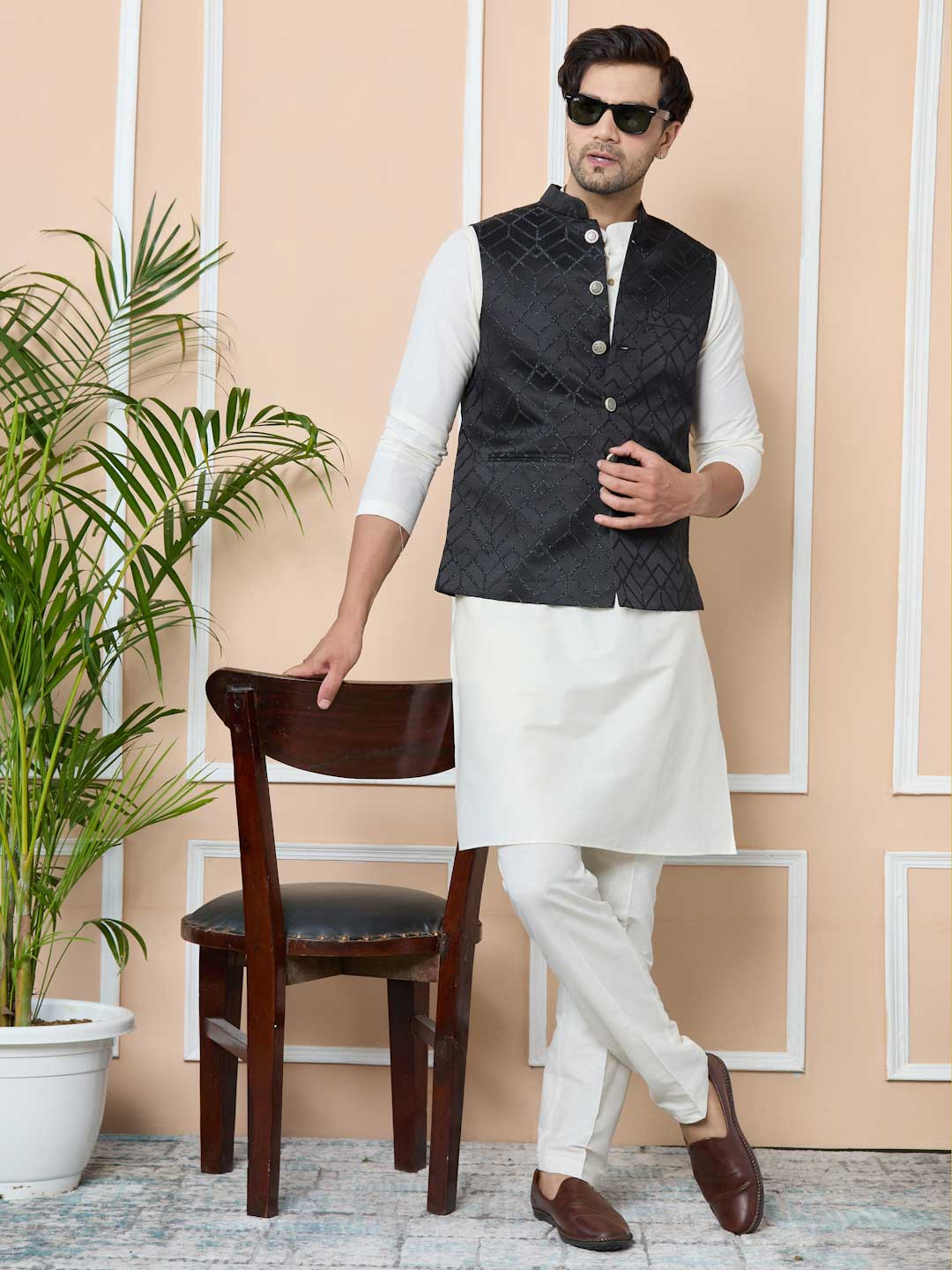 Charcoal Black Woven Jacquard Nehru Jacket with Solid Kurta-Pyjama (3 Piece Set)