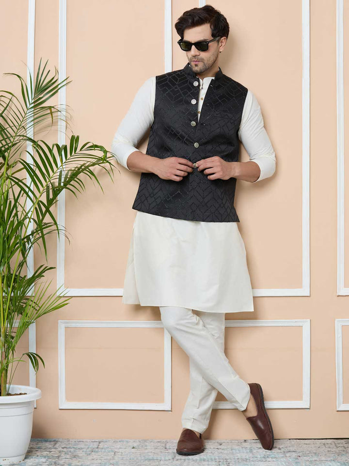 Charcoal Black Woven Jacquard Nehru Jacket with Solid Kurta-Pyjama (3 Piece Set)