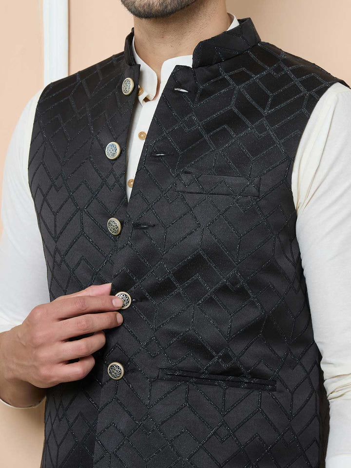 Charcoal Black Woven Jacquard Nehru Jacket