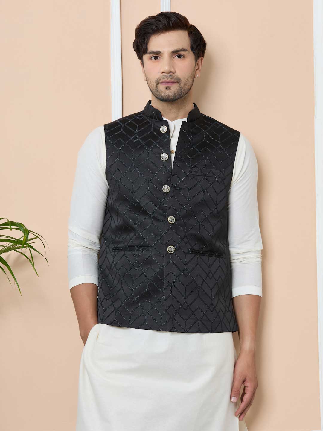 Charcoal Black Woven Jacquard Nehru Jacket