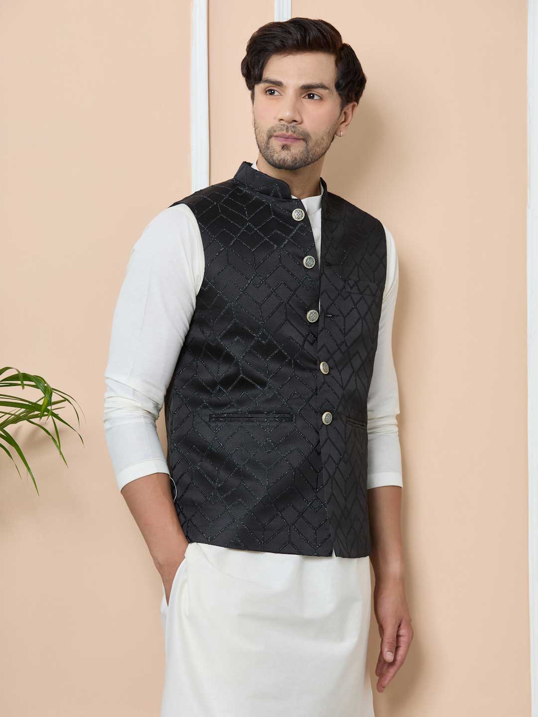 Charcoal Black Woven Jacquard Nehru Jacket