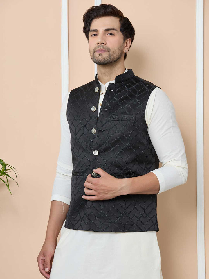 Charcoal Black Woven Jacquard Nehru Jacket