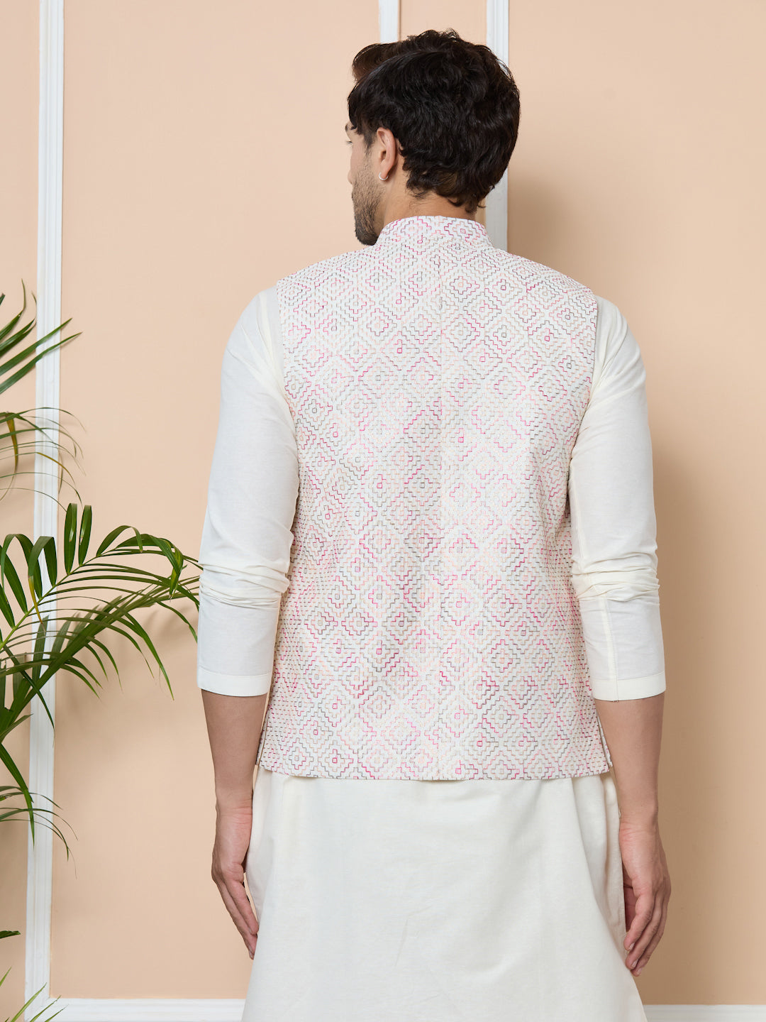 White Embroidered Nehru Jacket with Solid Kurta-Pyjama (3 Piece Set)