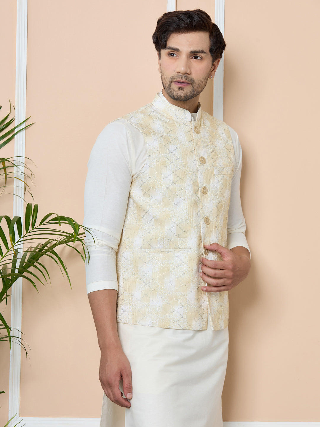 Yellow Embroidered Nehru Jacket with Gota Work