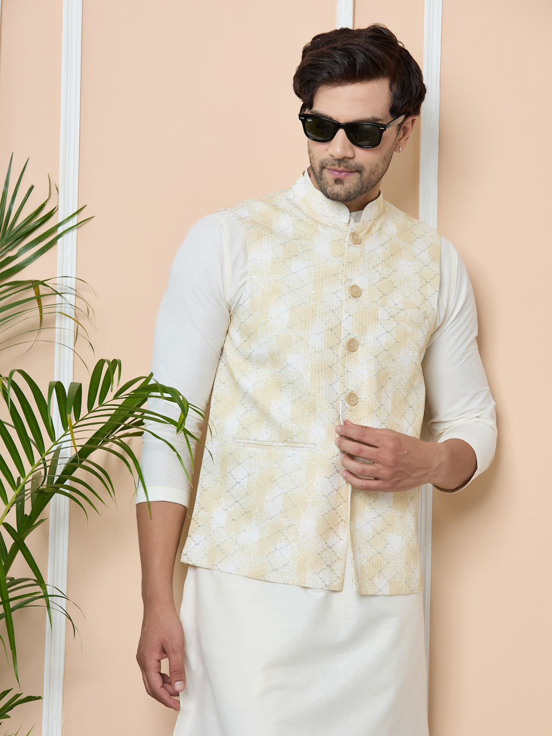 Yellow Embroidered Nehru Jacket with Gota Work