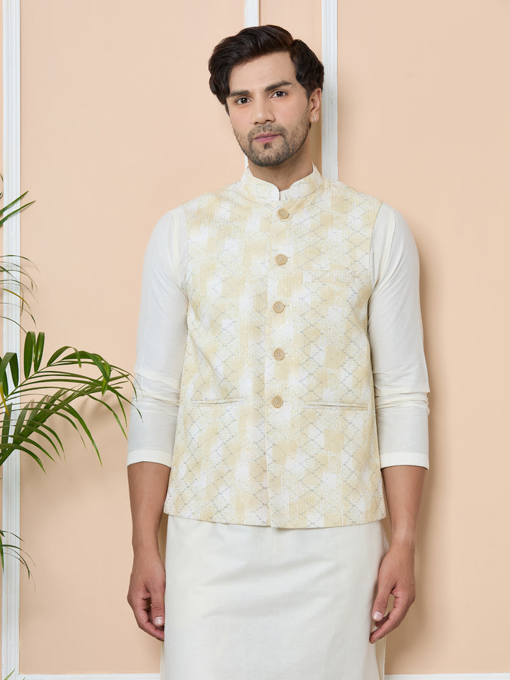 Yellow Embroidered Nehru Jacket with Gota Work