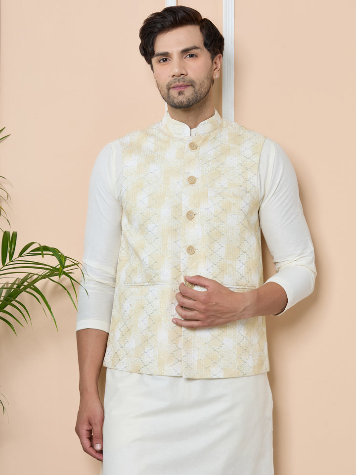 Yellow Embroidered Nehru Jacket with Gota Work