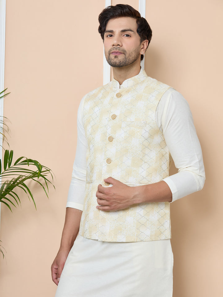 Yellow Embroidered Nehru Jacket with Gota Work