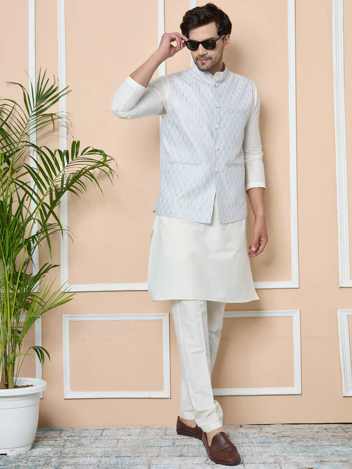 Gray Sequin Embroidered Nehru Jacket with Solid Kurta-Pyjama (3 Piece Set)