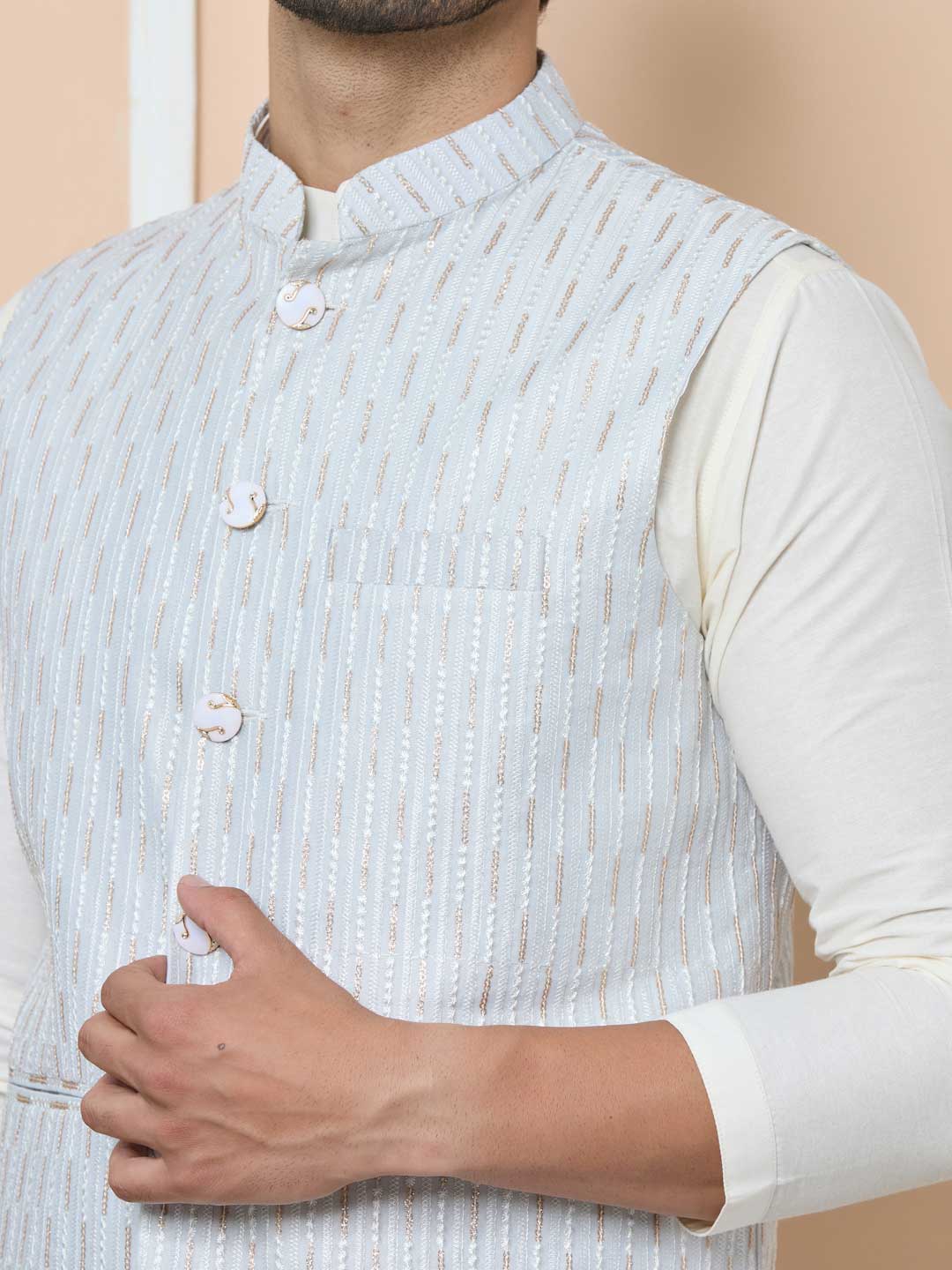 Gray Sequin Embroidered Nehru Jacket with Solid Kurta-Pyjama (3 Piece Set)