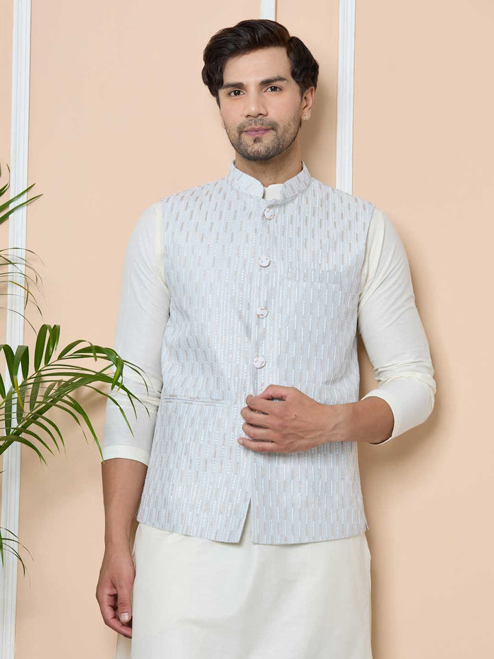 Gray Sequin Embroidered Nehru Jacket with Solid Kurta-Pyjama (3 Piece Set)