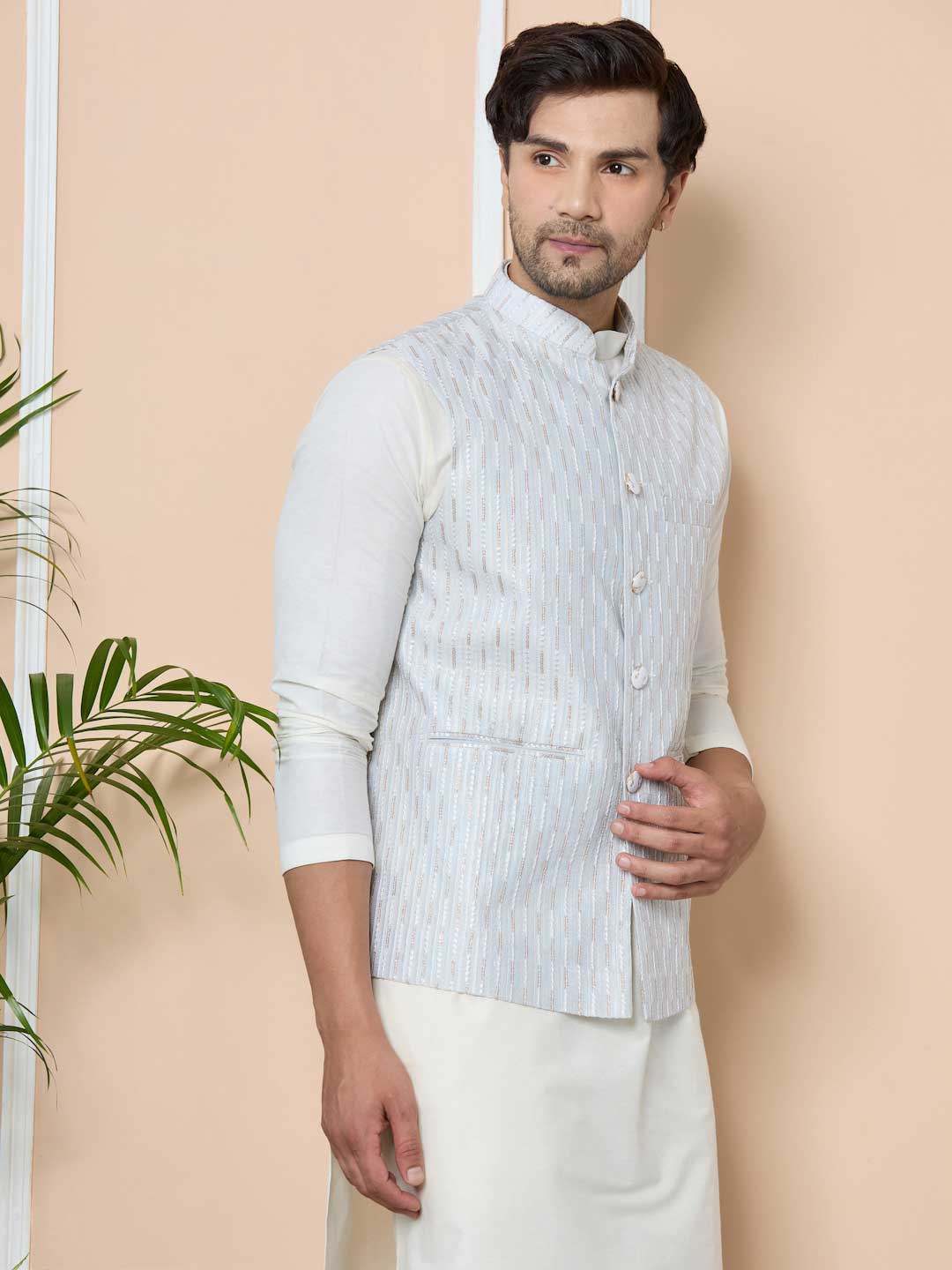 Gray Sequin Embroidered Nehru Jacket with Solid Kurta-Pyjama (3 Piece Set)