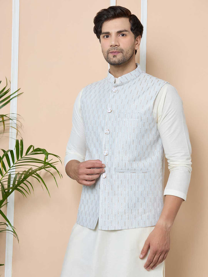 Gray Sequin Embroidered Nehru Jacket with Solid Kurta-Pyjama (3 Piece Set)