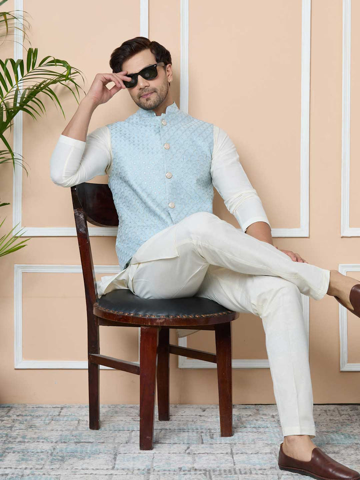 Men Sky Blue Embroidered Nehru Jacket with Solid Kurta-Pyjama (3 Piece Set)