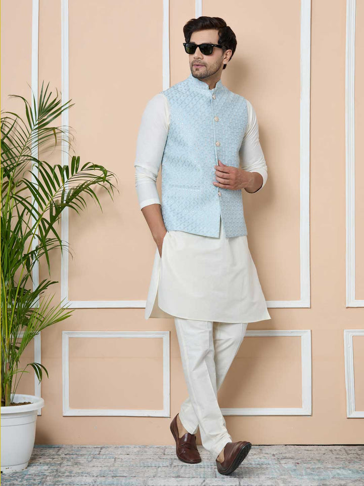 Men Sky Blue Embroidered Nehru Jacket with Solid Kurta-Pyjama (3 Piece Set)