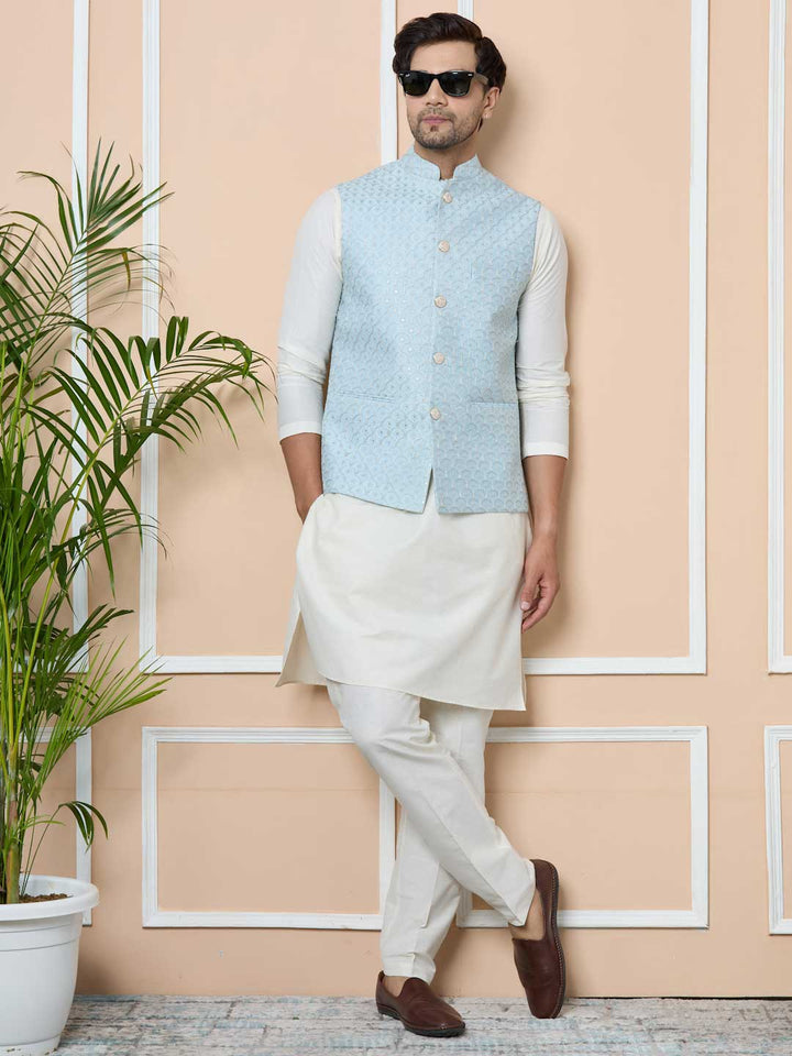 Men Sky Blue Embroidered Nehru Jacket with Solid Kurta-Pyjama (3 Piece Set)