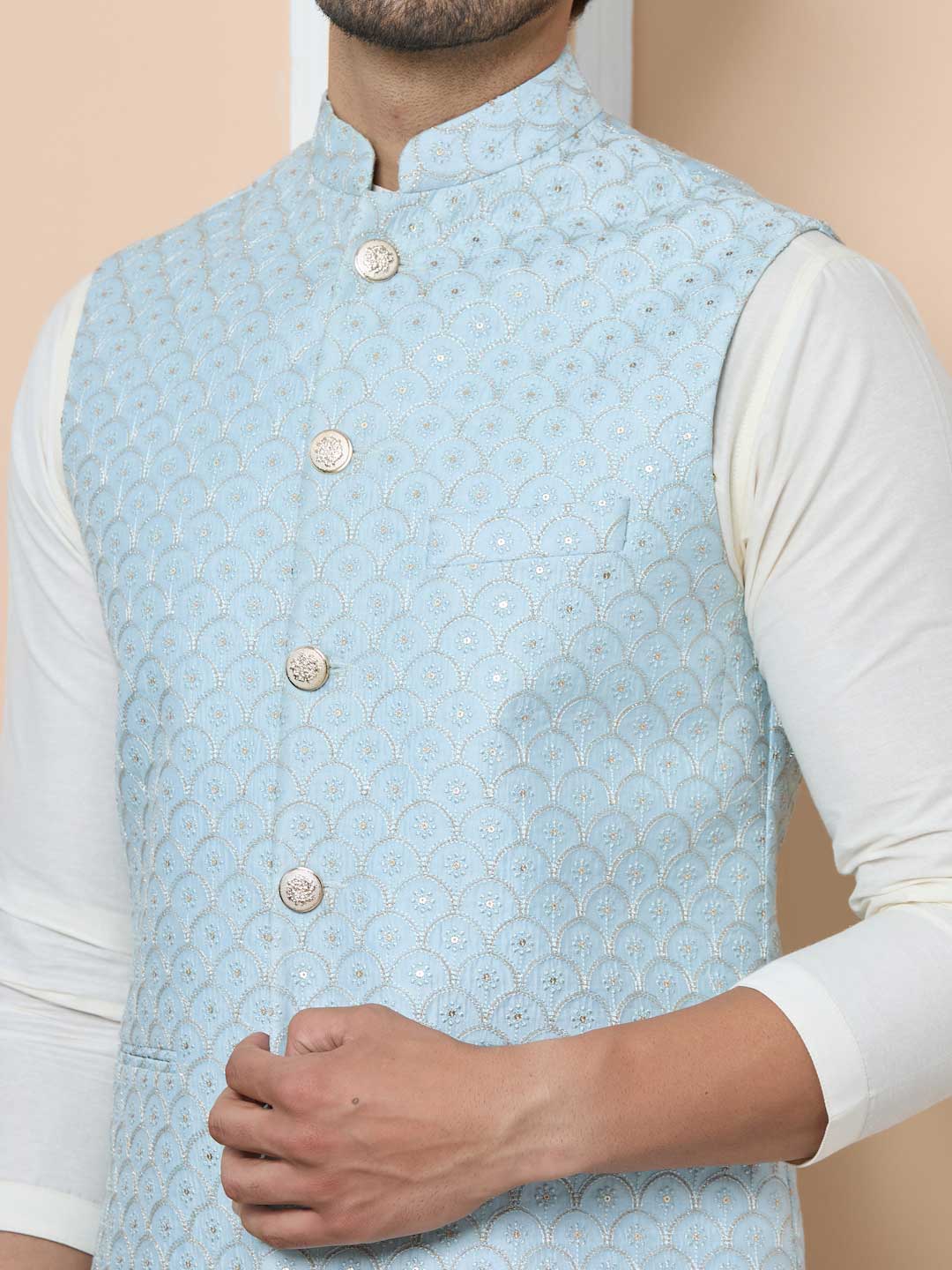 Men Sky Blue Embroidered Nehru Jacket with Solid Kurta-Pyjama (3 Piece Set)