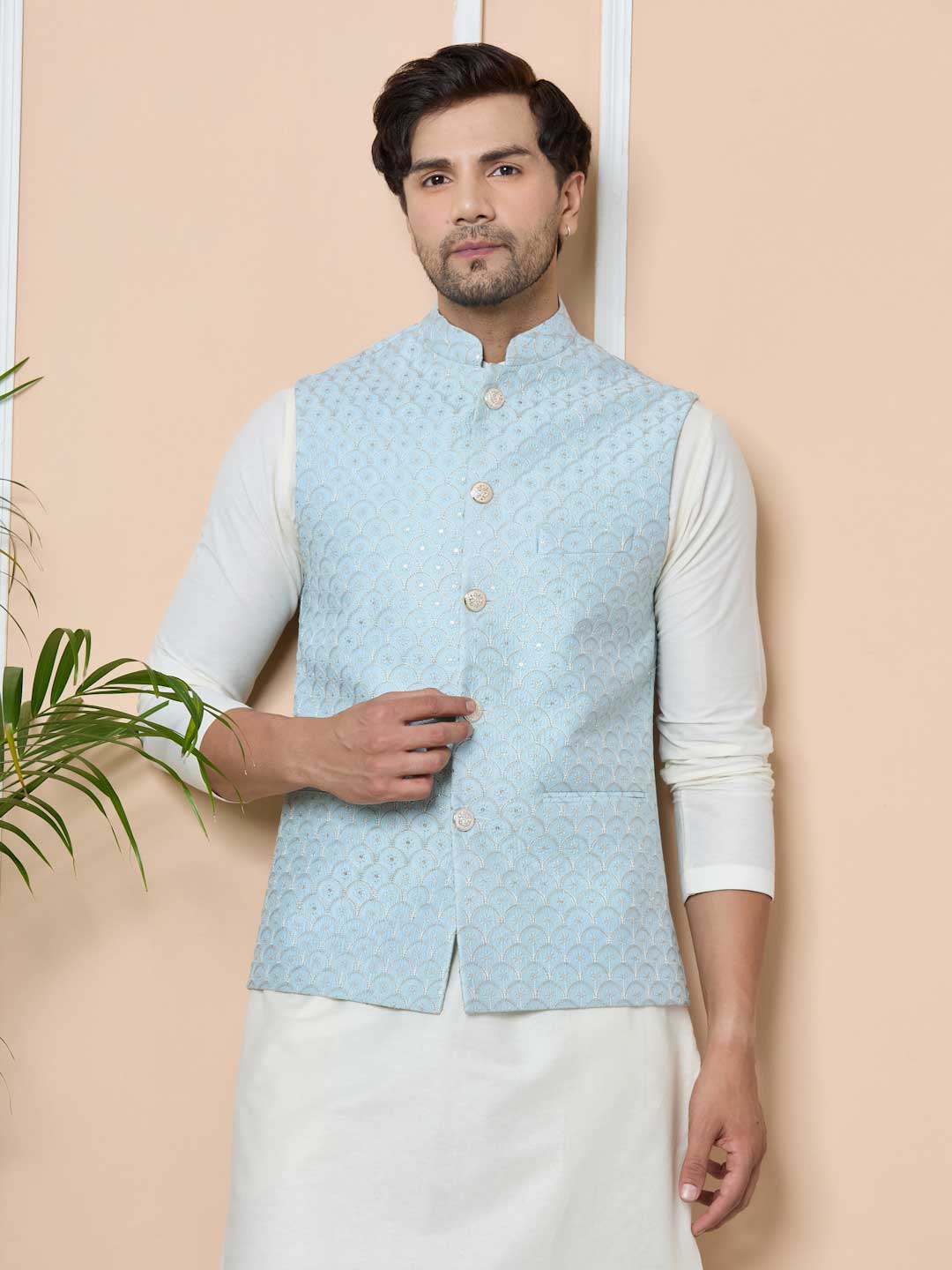 Men Sky Blue Embroidered Nehru Jacket with Solid Kurta-Pyjama (3 Piece Set)