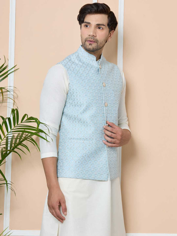 Men Sky Blue Embroidered Nehru Jacket with Solid Kurta-Pyjama (3 Piece Set)