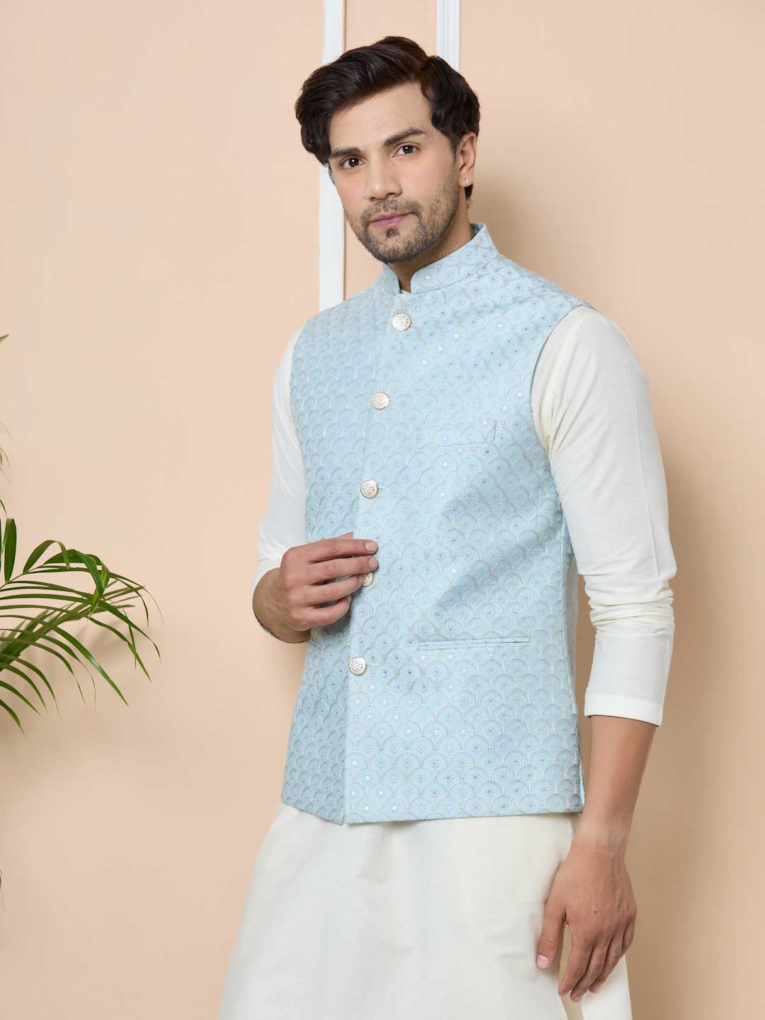 Men Sky Blue Embroidered Nehru Jacket with Solid Kurta-Pyjama (3 Piece Set)