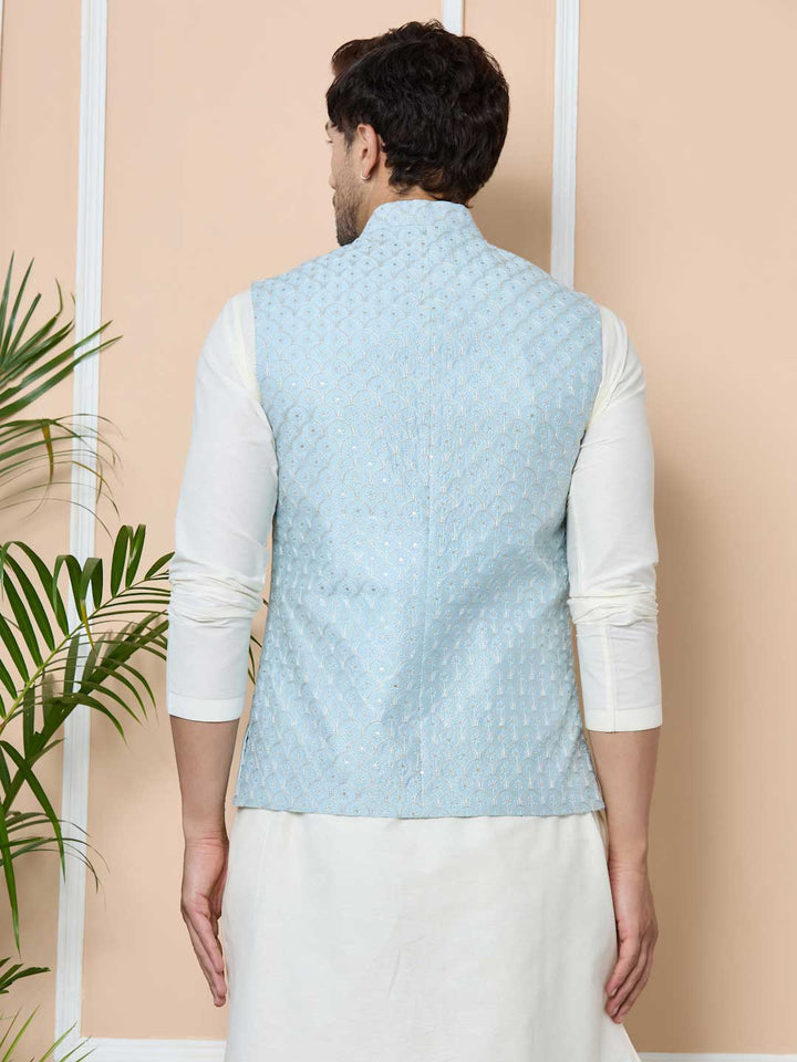 Men Sky Blue Embroidered Nehru Jacket with Solid Kurta-Pyjama (3 Piece Set)