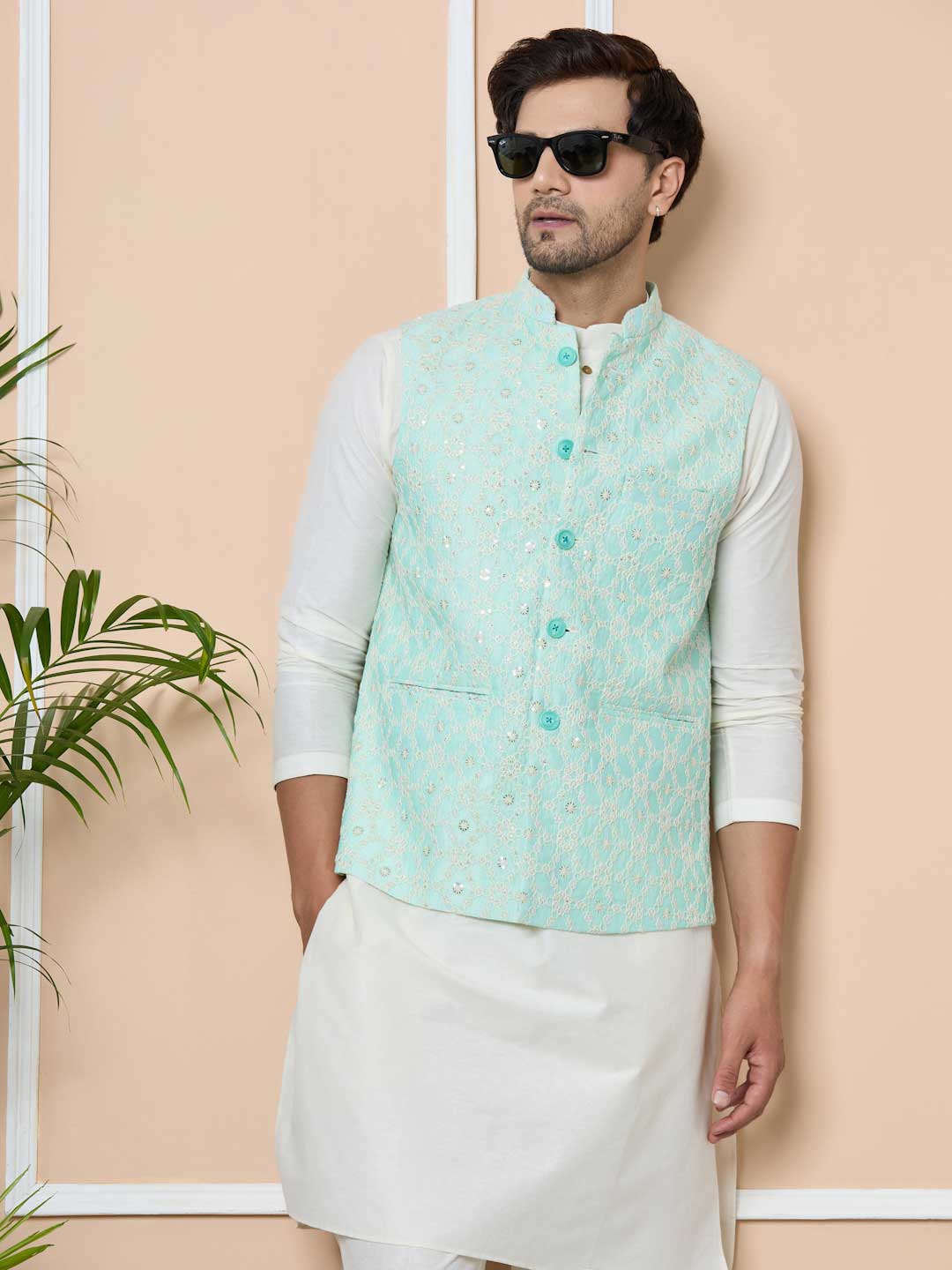 Blue Sequin Embroidered Nehru Jacket