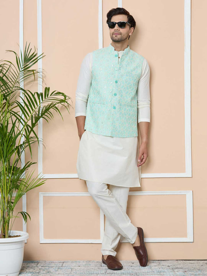 Blue Sequin Embroidered Nehru Jacket