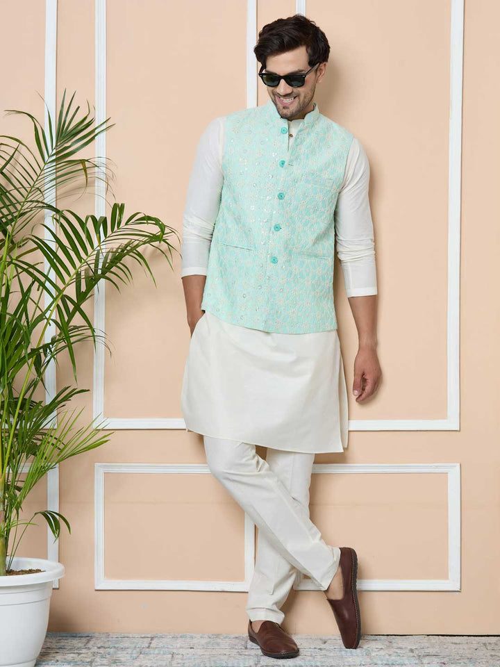 Blue Sequin Embroidered Nehru Jacket with Solid Kurta-Pyjama (3 Piece Set)