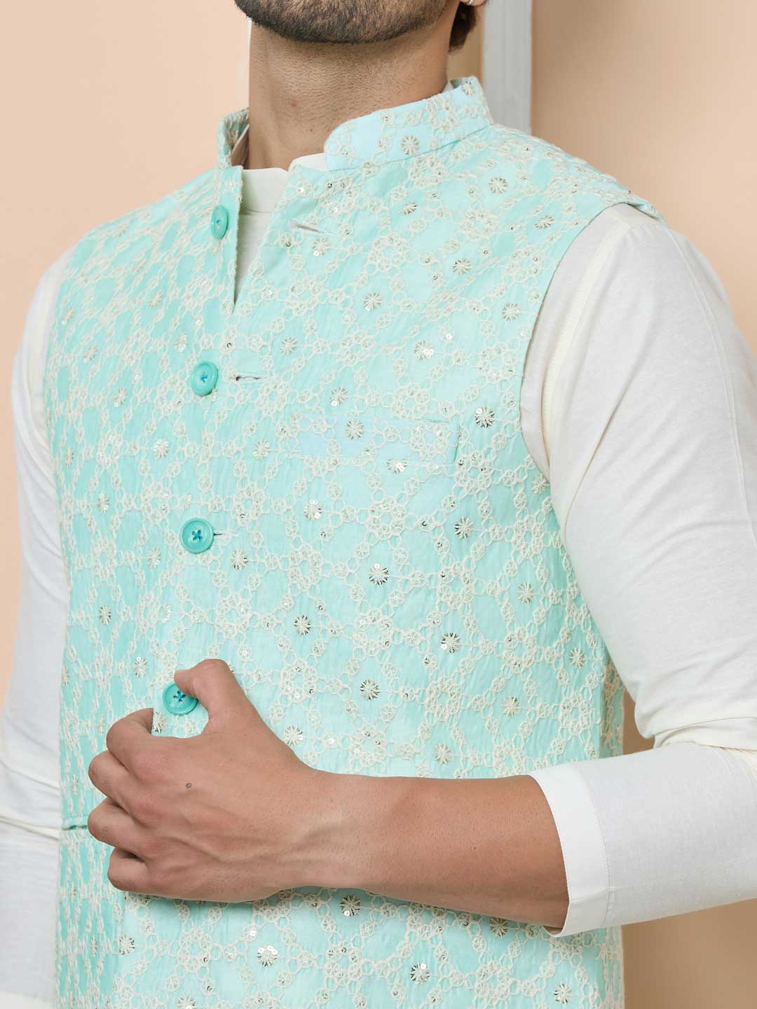 Blue Sequin Embroidered Nehru Jacket