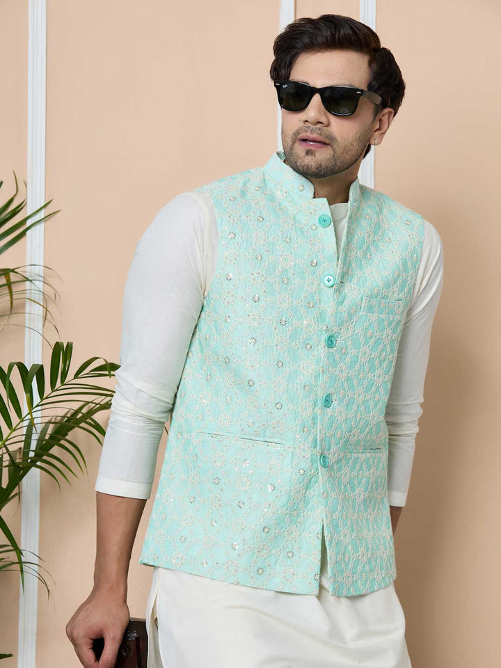 Blue Sequin Embroidered Nehru Jacket with Solid Kurta-Pyjama (3 Piece Set)