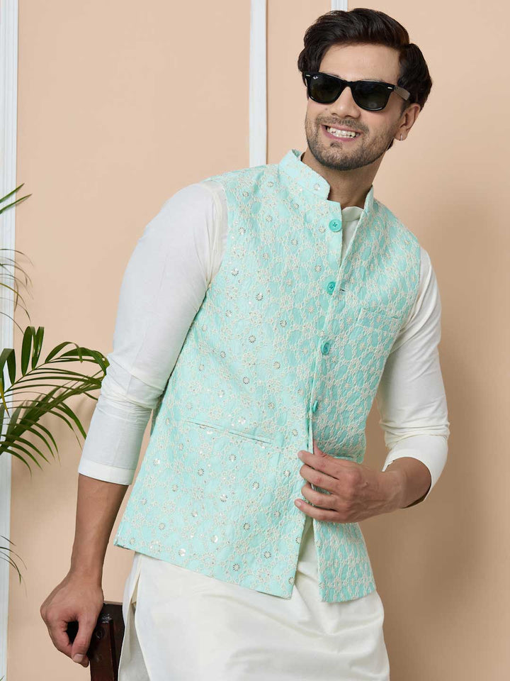 Blue Sequin Embroidered Nehru Jacket with Solid Kurta-Pyjama (3 Piece Set)