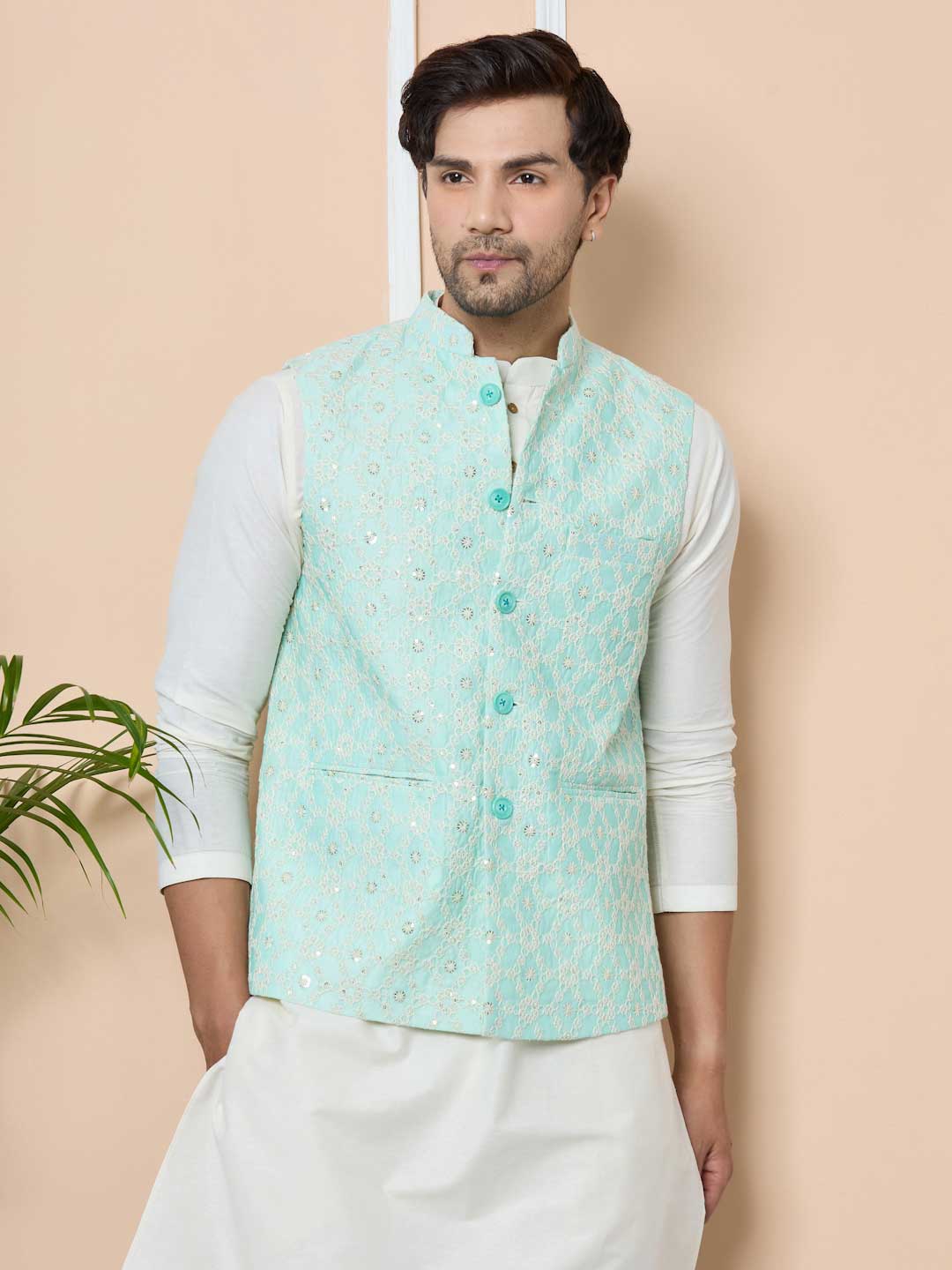 Blue Sequin Embroidered Nehru Jacket