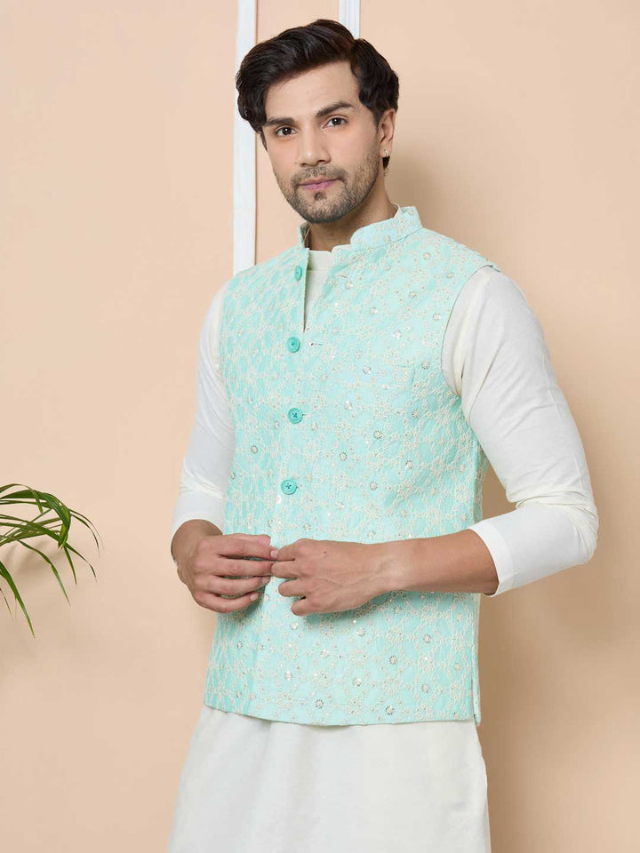 Blue Sequin Embroidered Nehru Jacket with Solid Kurta-Pyjama (3 Piece Set)