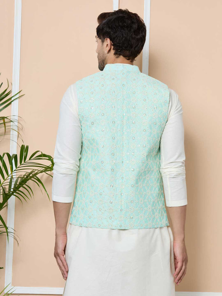 Blue Sequin Embroidered Nehru Jacket