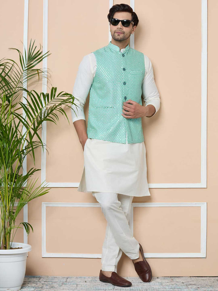 Green Sequin Embroidered Nehru Jacket