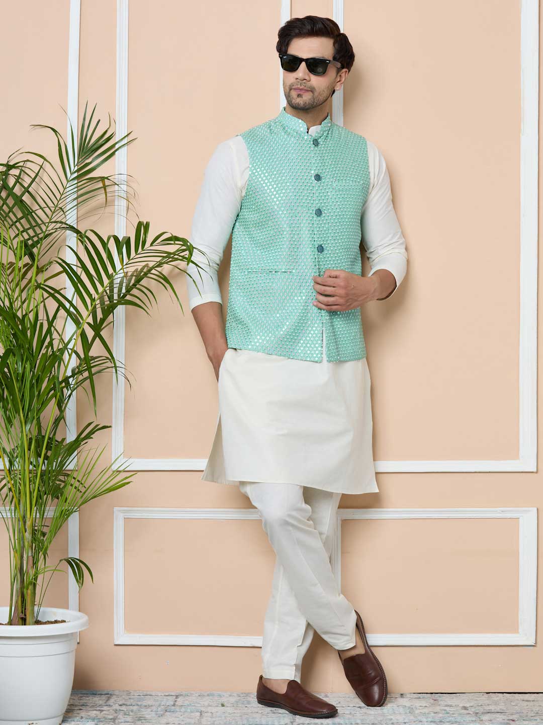 Green Sequin Embroidered Nehru Jacket