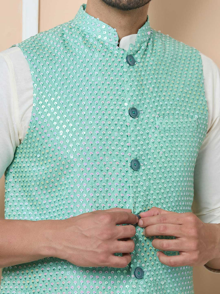 Green Sequin Embroidered Nehru Jacket