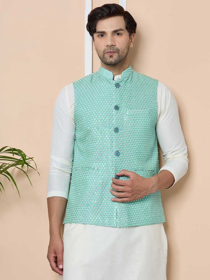 Green Sequin Embroidered Nehru Jacket