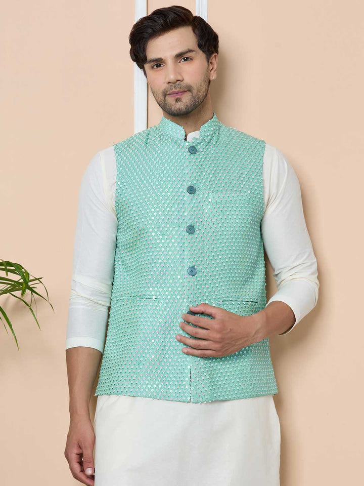 Green Sequin Embroidered Nehru Jacket