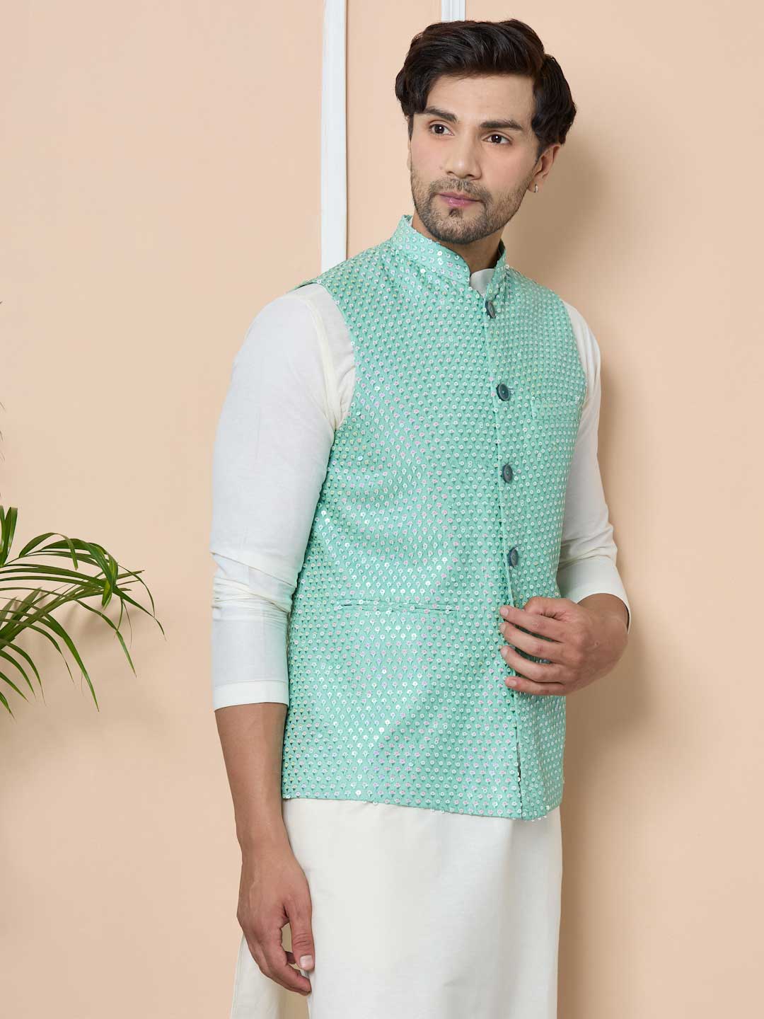 Green Sequin Embroidered Nehru Jacket