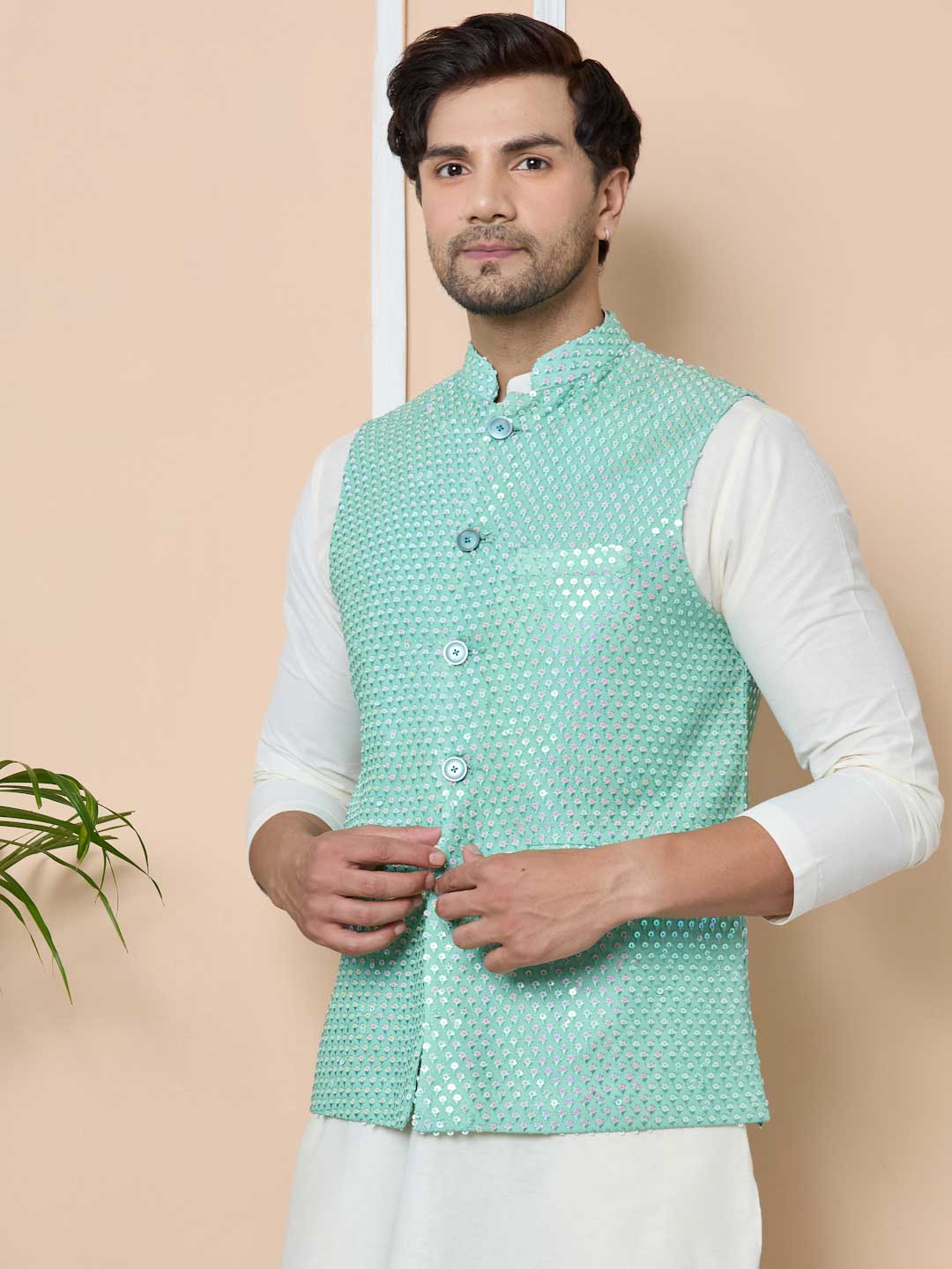 Green Sequin Embroidered Nehru Jacket