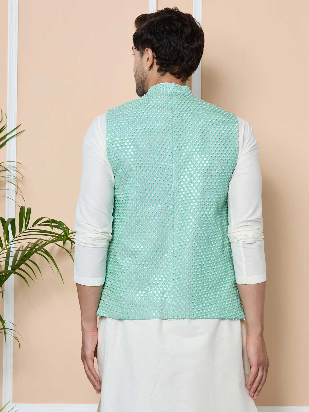 Green Sequin Embroidered Nehru Jacket