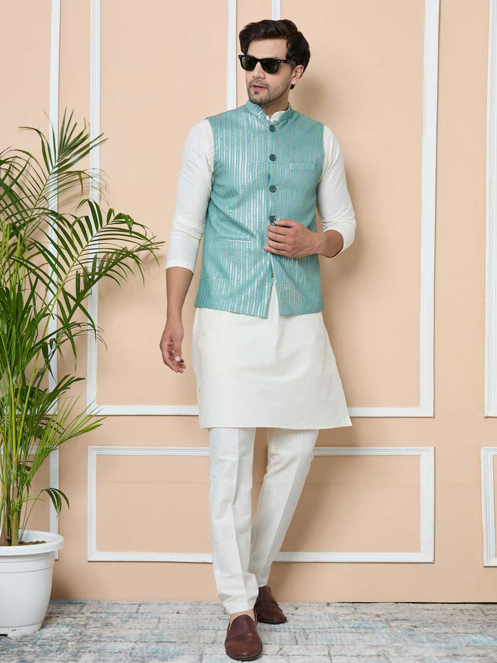 Aqua Green Sequin Embroidered Nehru Jacket with Solid Kurta-Pyjama (3 Piece Set)